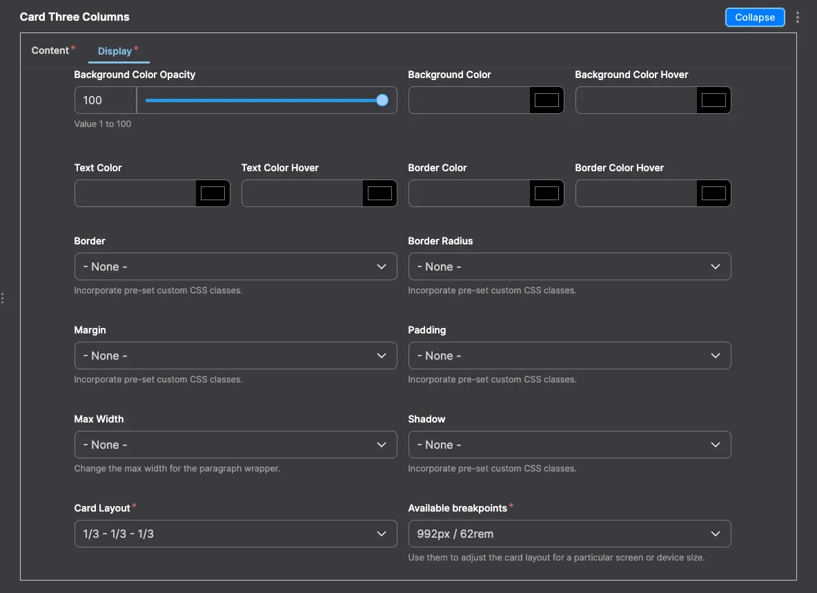 Card Three Columns: Card Three Columns module configuration in Drupal - settings for three-column card layout.