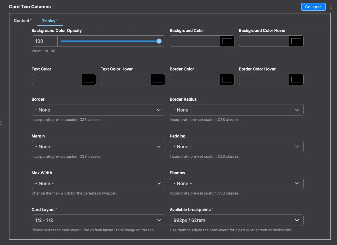 Card Two Columns: Card Two Columns module configuration in Drupal - settings for two-column card layout.