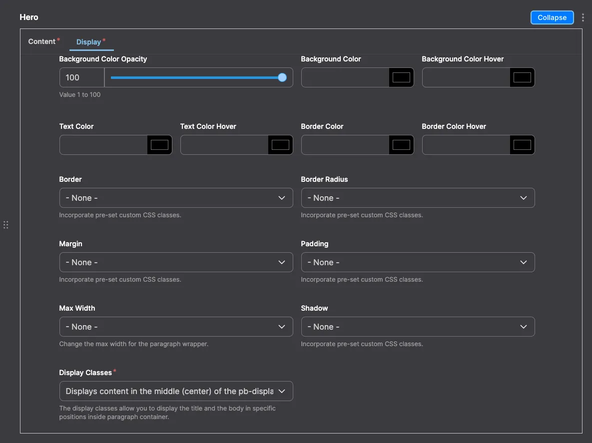 Hero: Hero module configuration in Drupal - settings for full-width banner or image display. 