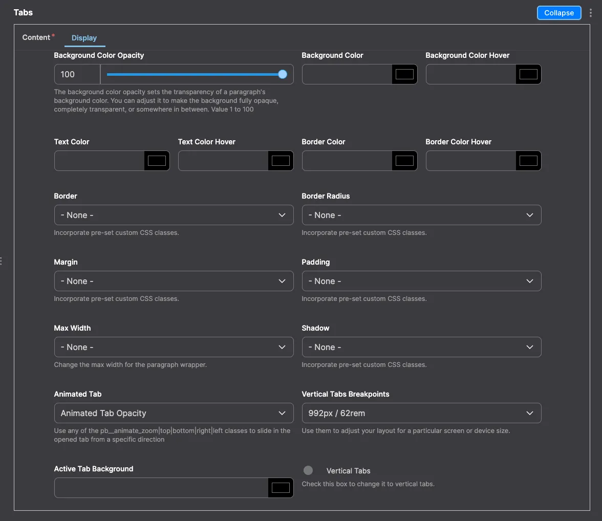 Tabs: Tabs module configuration in Drupal - settings for organizing content in a tabbed interface