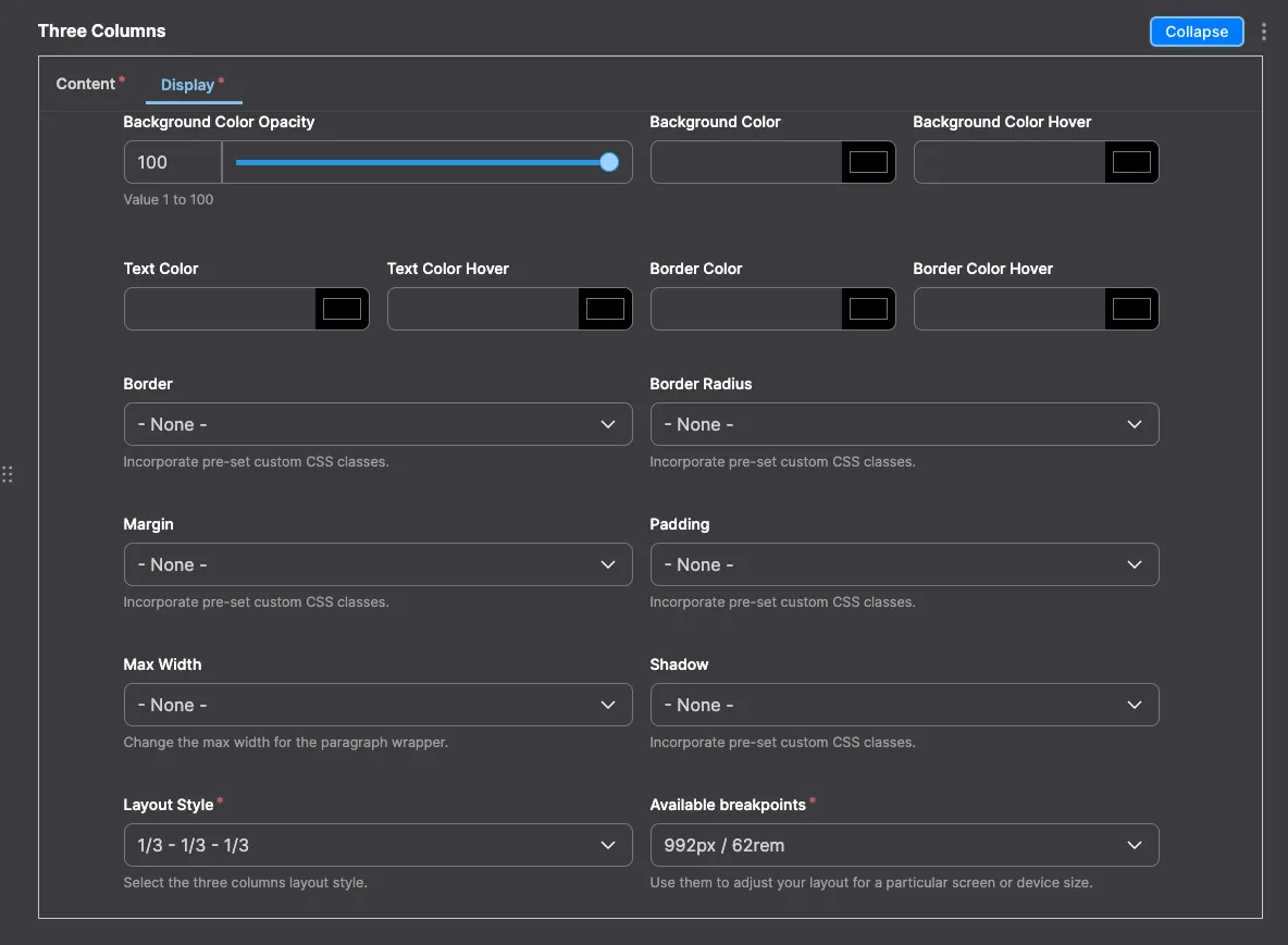 Three Columns: Three Columns module configuration in Drupal - settings for three-column layout.